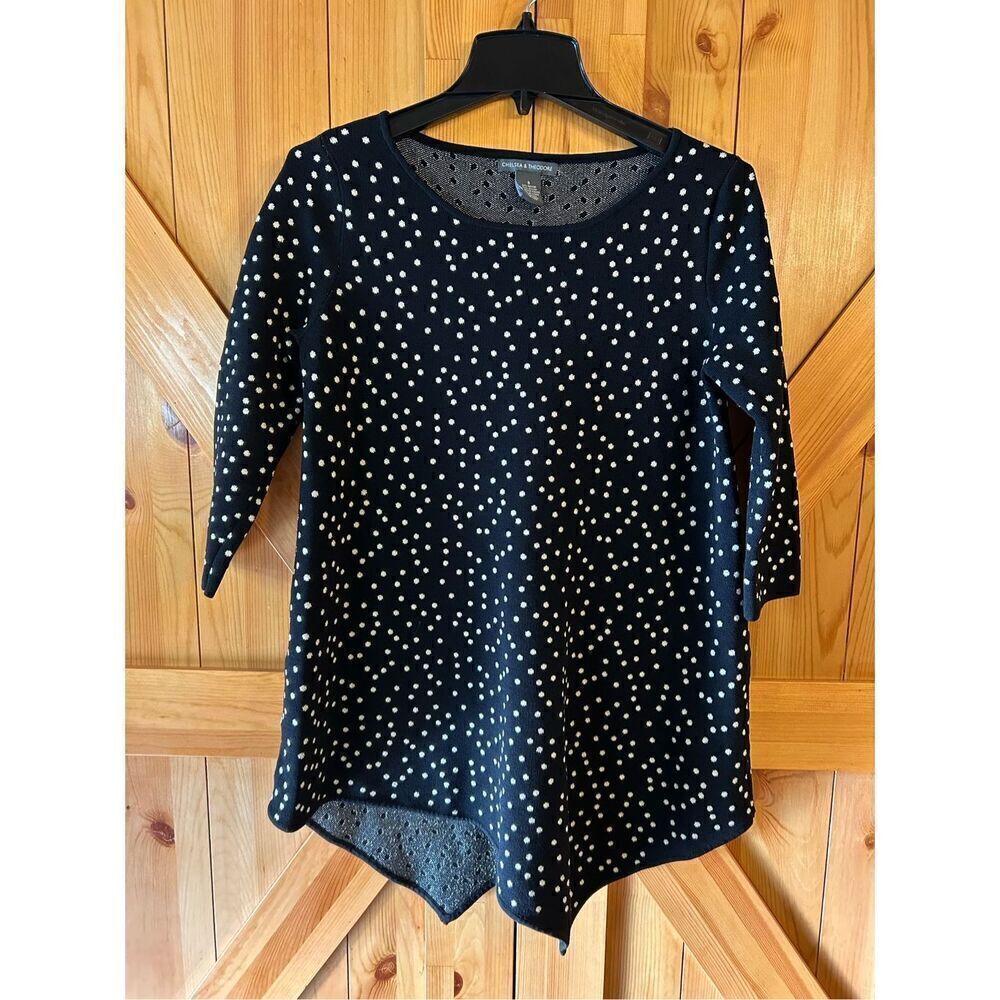 Chelsea & Theodore Black/Gold Polka Dot Asymmetrical Sweater Tunic Small (4936)
